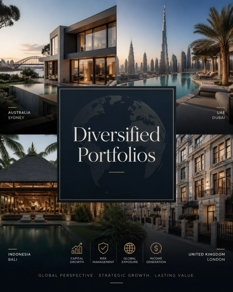 Sophisticated property portfolio visual showing a mix of Australian, Dubai, and Bali luxury architecture for investment