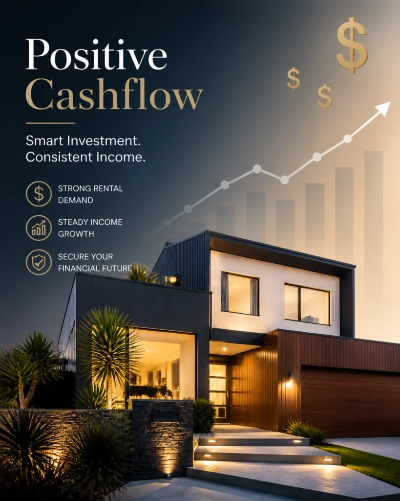 Luxury modern Australian investment property exterior with professional gradient background and positive cashflow dollar production icons.