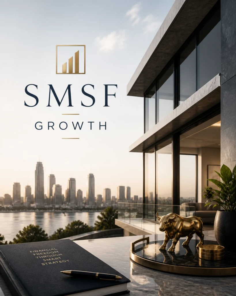 Professional visual of SMSF property growth with modern architectural elements and wealth building symbols for Australian retirement