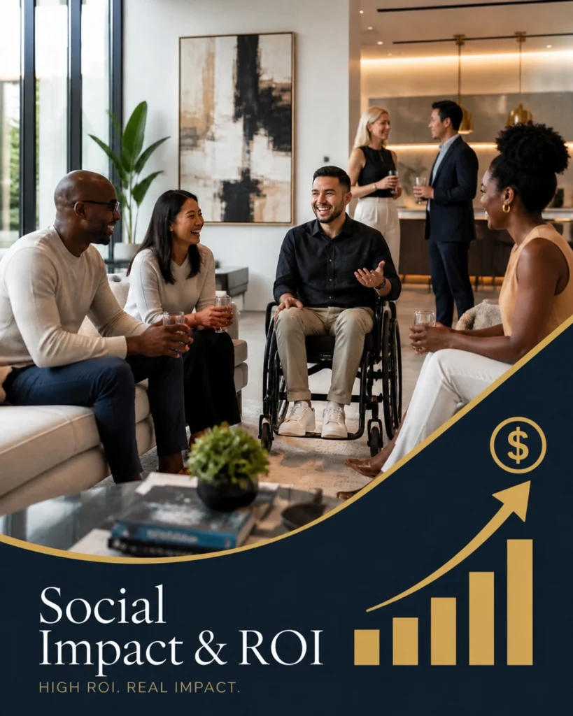 Modern NDIS SDA investment home interior featuring inclusive social living with a wheelchair user and projected high ROI growth chart.